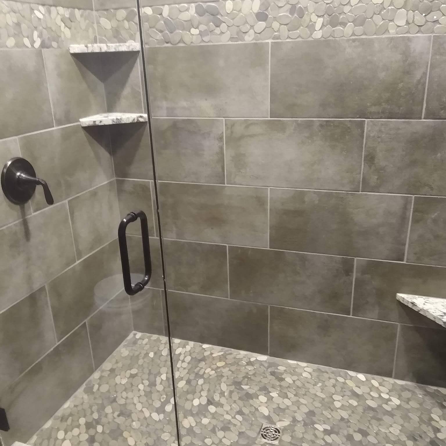 Walk-in shower, pebble floor