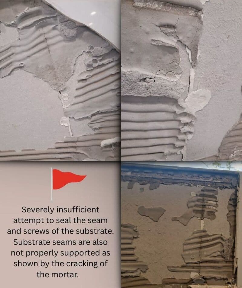 Substrate seams unsealed and unsupported, so the mortar cracked.