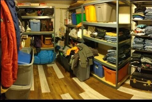 The same storage room finished with wood-look plank flooring