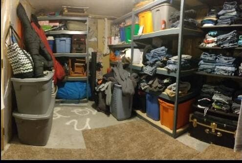 Storage room with worn carpet before we re-floored it